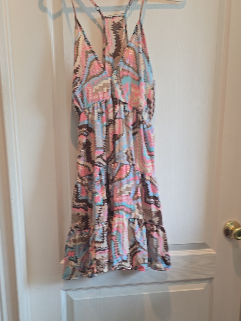Tiered Spaghetti-Strap Dress in Pink & Blue Print